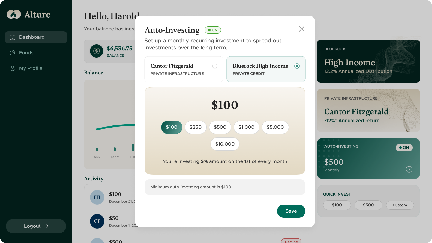 Alture web app, Auto-Investing