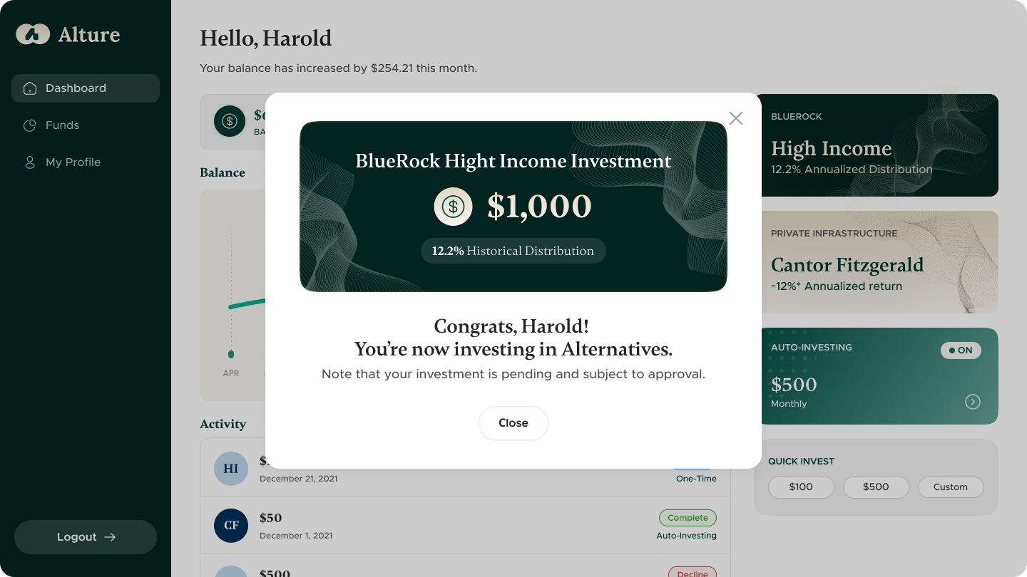 Alture web app, investment confirmed