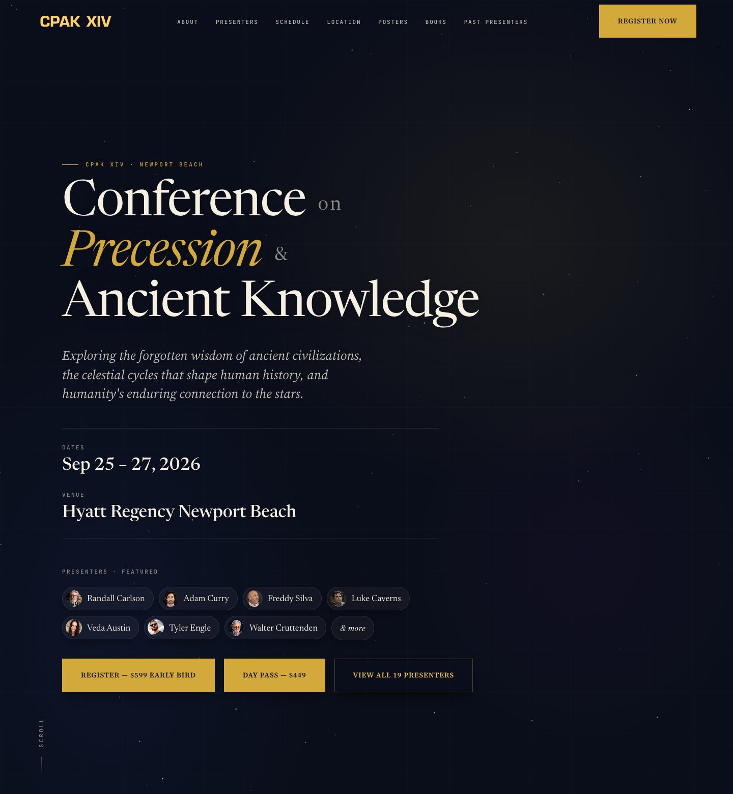 CPAK XIV homepage — full hero with starfield, dates, featured presenters, and registration buttons
