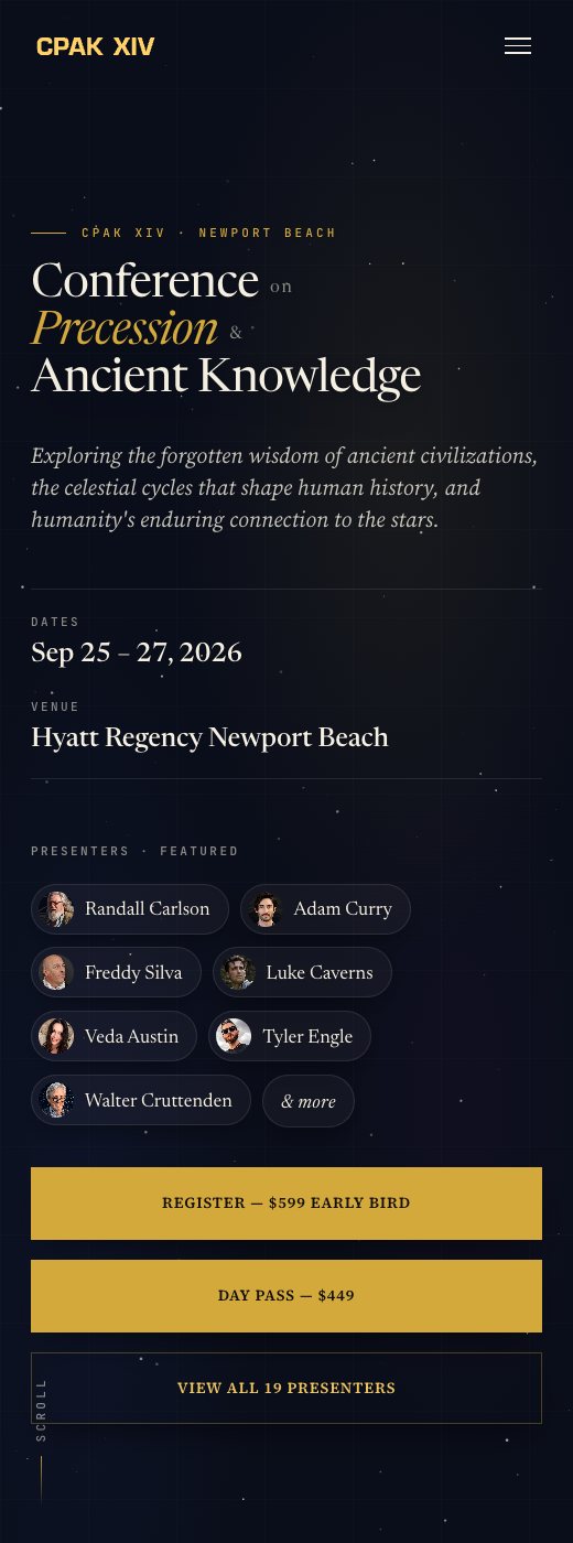 CPAK homepage on mobile — full hero with dates and registration buttons