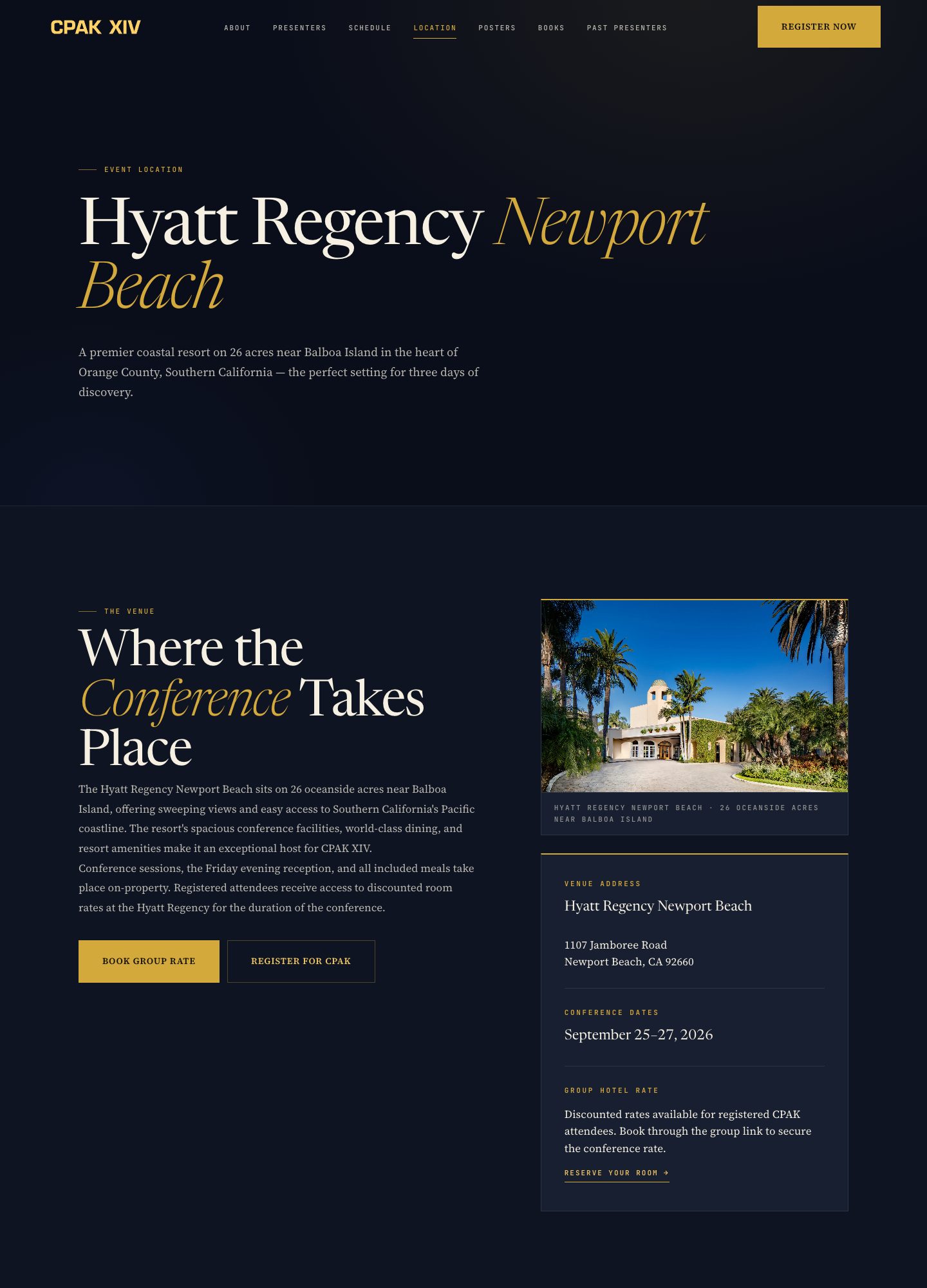 CPAK location page — Hyatt Regency Newport Beach venue, dates, and booking