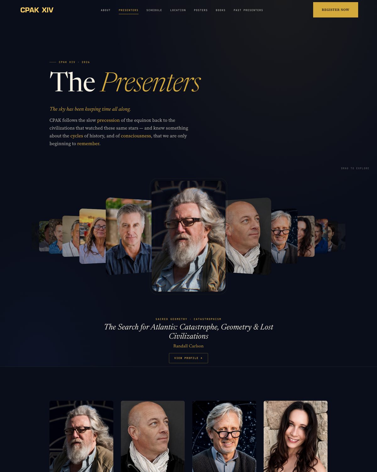 CPAK XIV presenters page — glass-refraction speaker carousel and presenter grid with portraits, talk titles, and bios