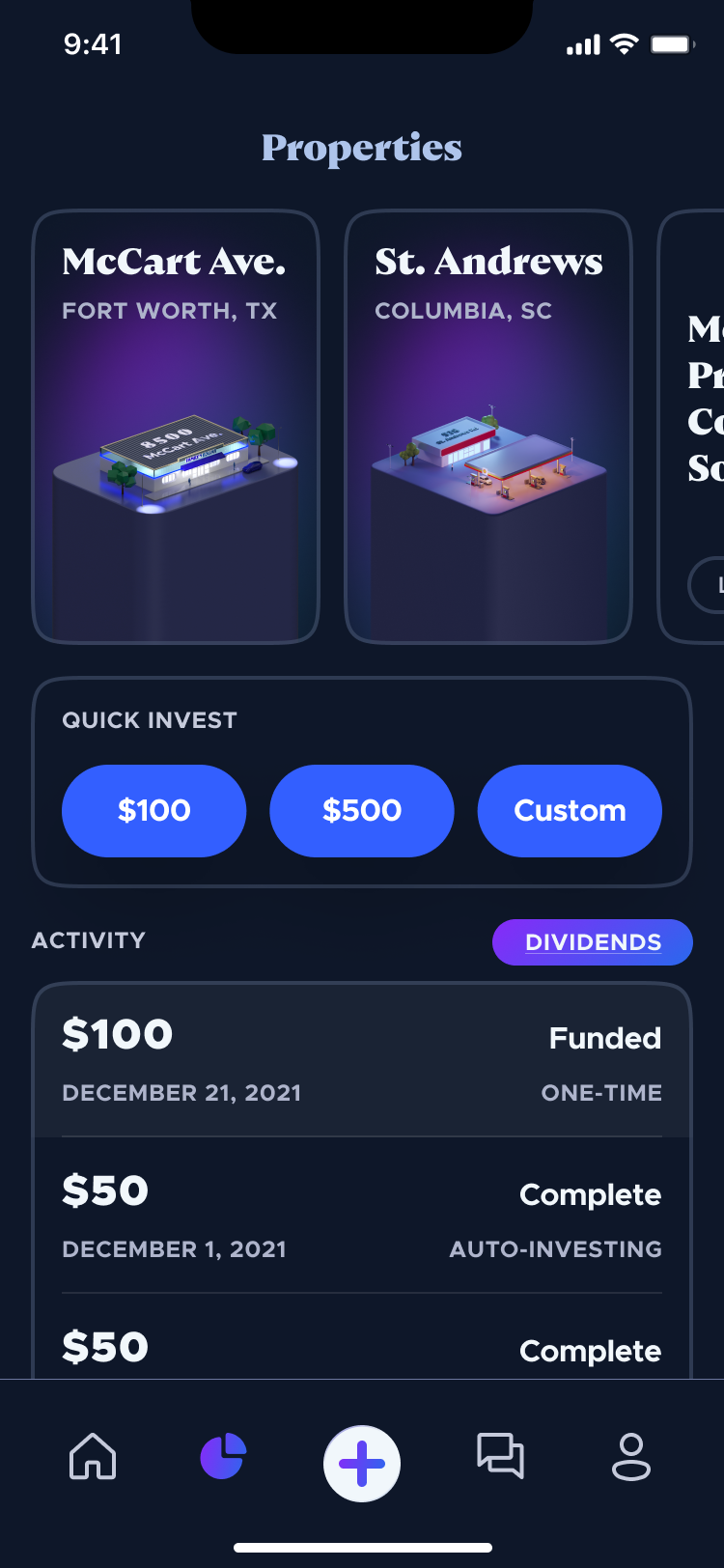 Elevate Money iOS app, properties list with quick-invest