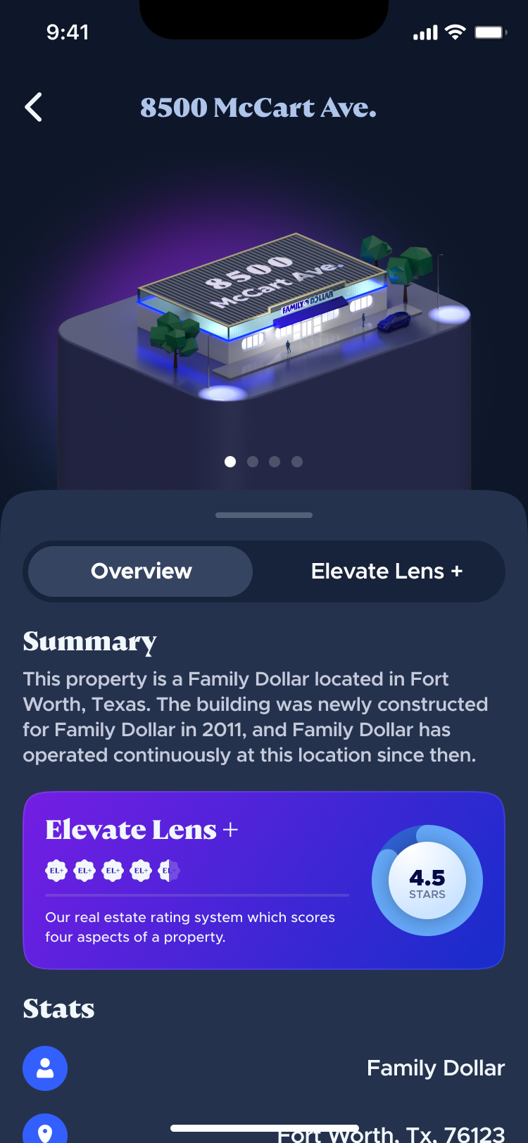 Elevate Money iOS app, property detail with Elevate Lens+ rating
