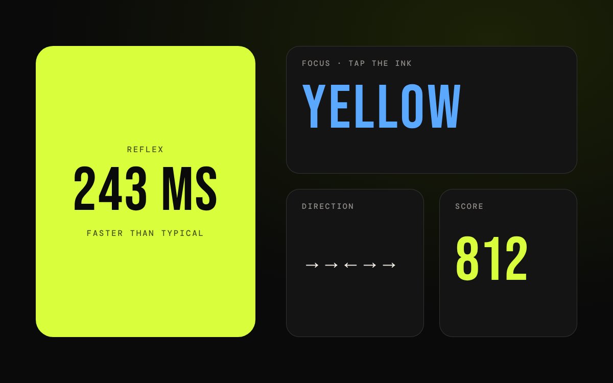 Brain Test screens: a green reflex pad reading 243 ms, the word YELLOW in blue ink, arrows, and a score of 812