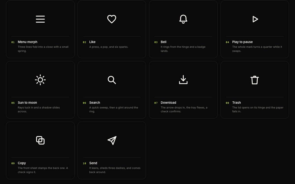 A grid of small stroke icons: menu, heart, bell, play, sun, search, download and trash